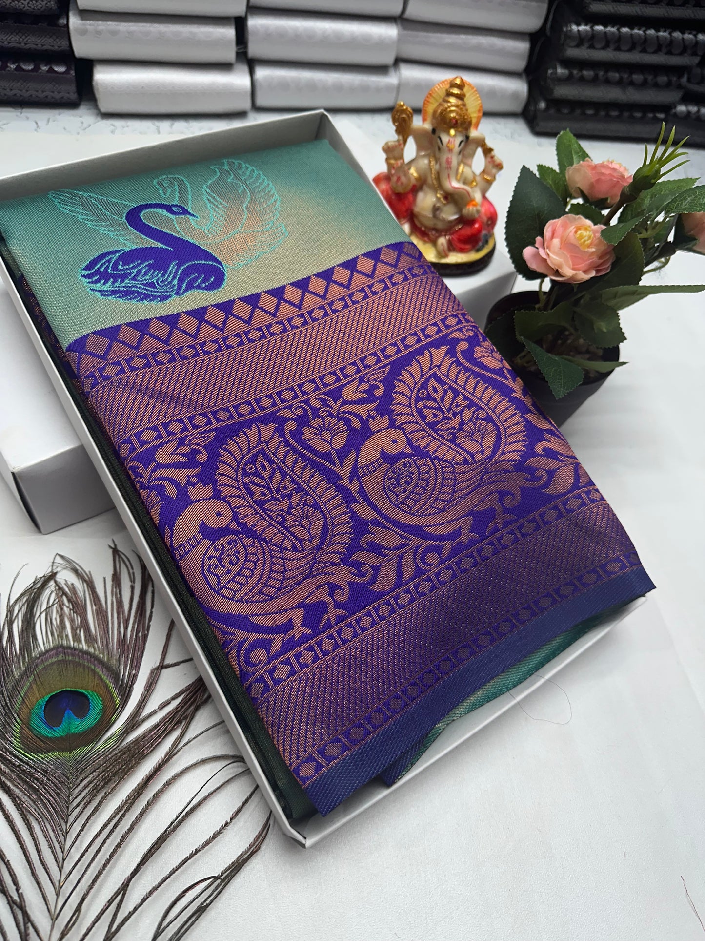 Bridal Silk Saree β Ocean Green with Purple Peacocks