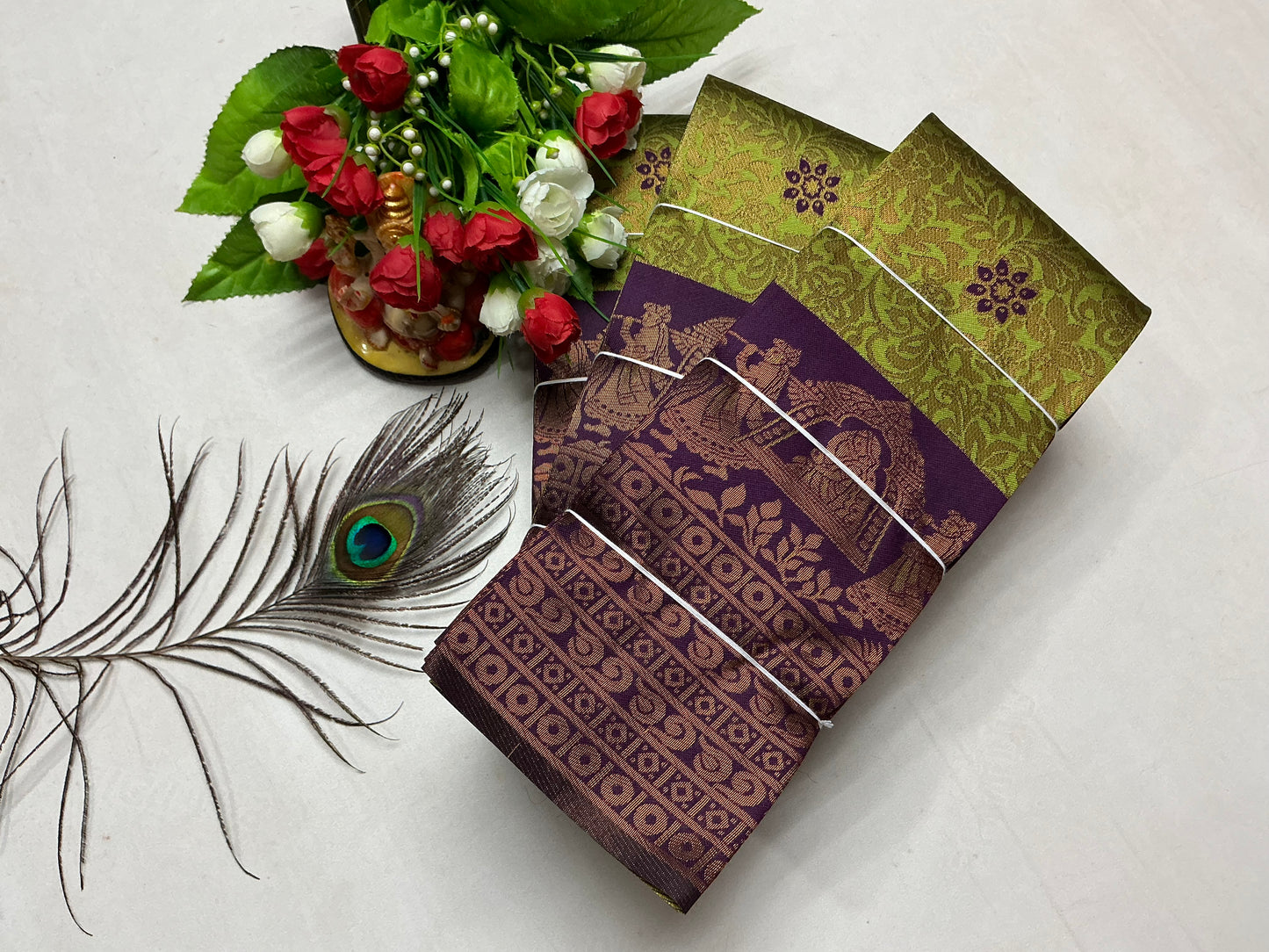 Bridal Silk Saree β Parrot Green with Violet Radha Krishna Temple Border (2)