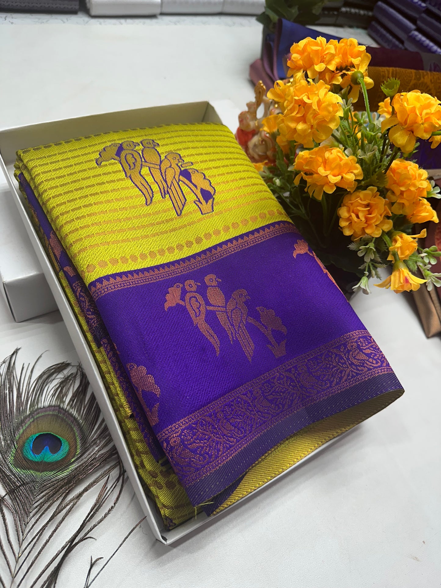 Bridal Silk Saree β Parrot Yellow with Violet Parrot Motif Zari Border
