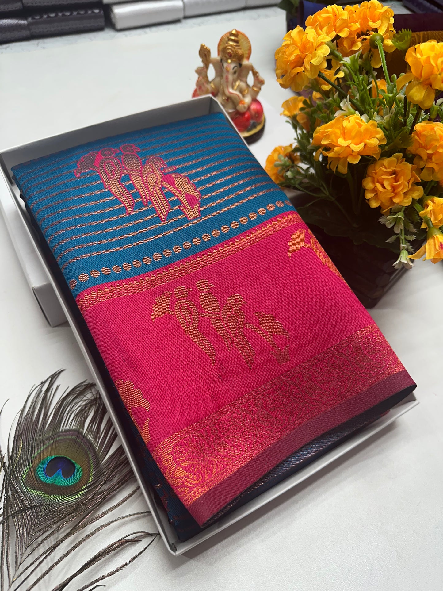 Bridal Silk Saree β Peacock Blue with Rani Pink Parrot Motif Zari