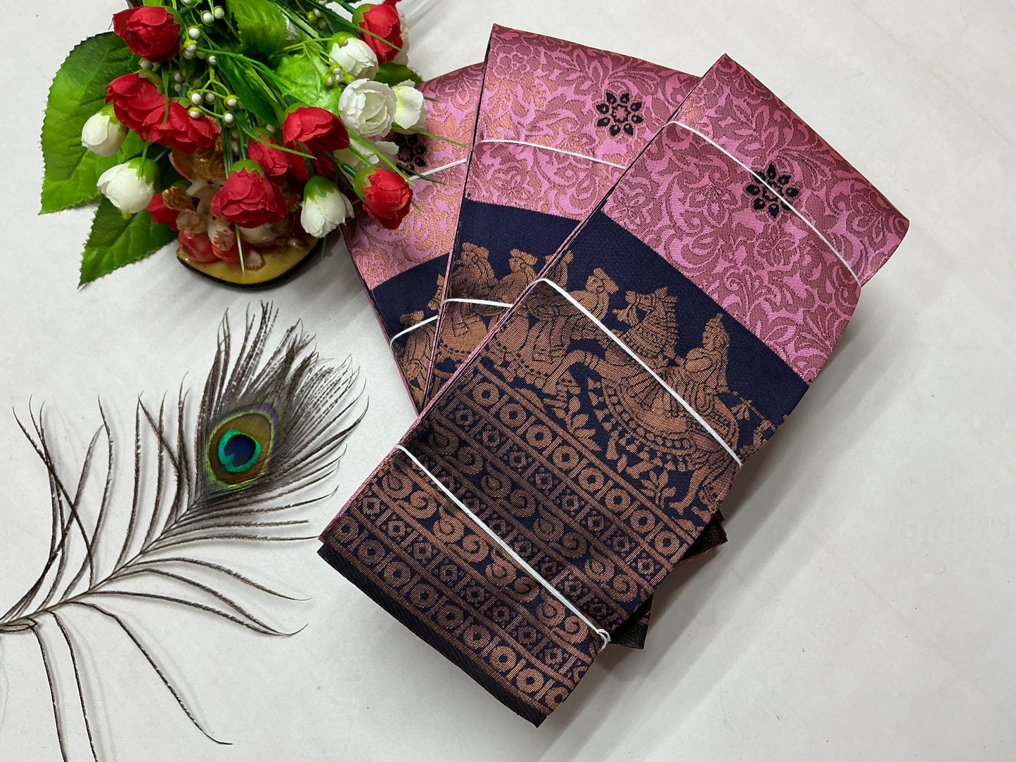 Bridal Silk Saree β Pink with Navy Blue Radha Krishna Temple Border