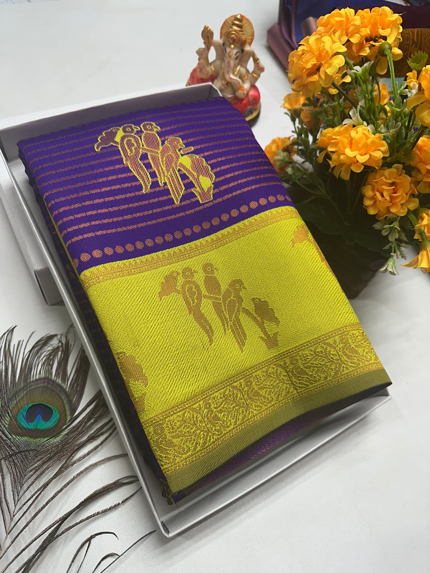 Bridal Silk Saree β Violet with Yellow Parrot Zari Pallu