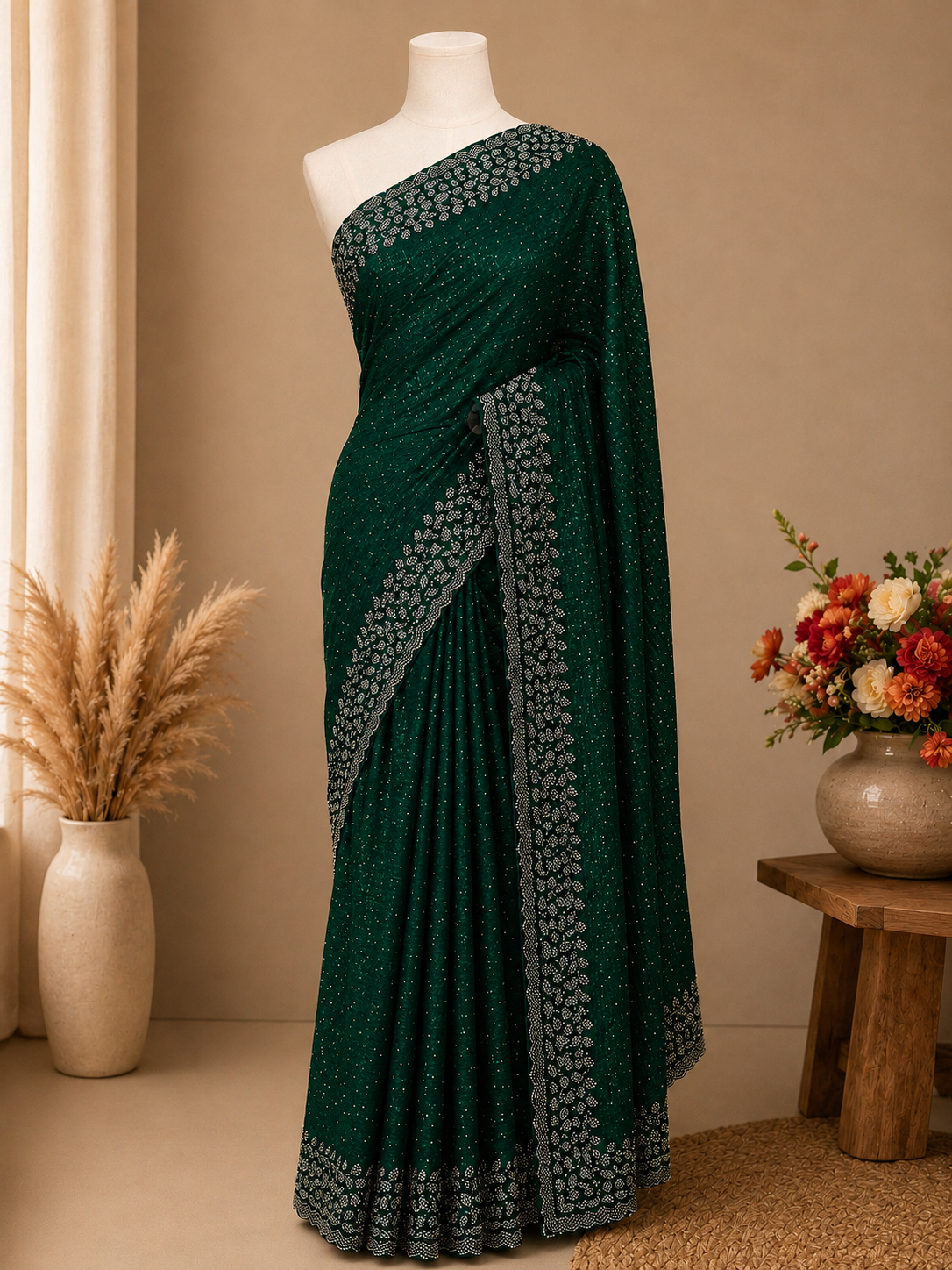 Premium Space Silk Saree – Forest Green with Silver stone leaf Border | Festive Designer Saree | Sri Nandhini Tex | SNTLS03