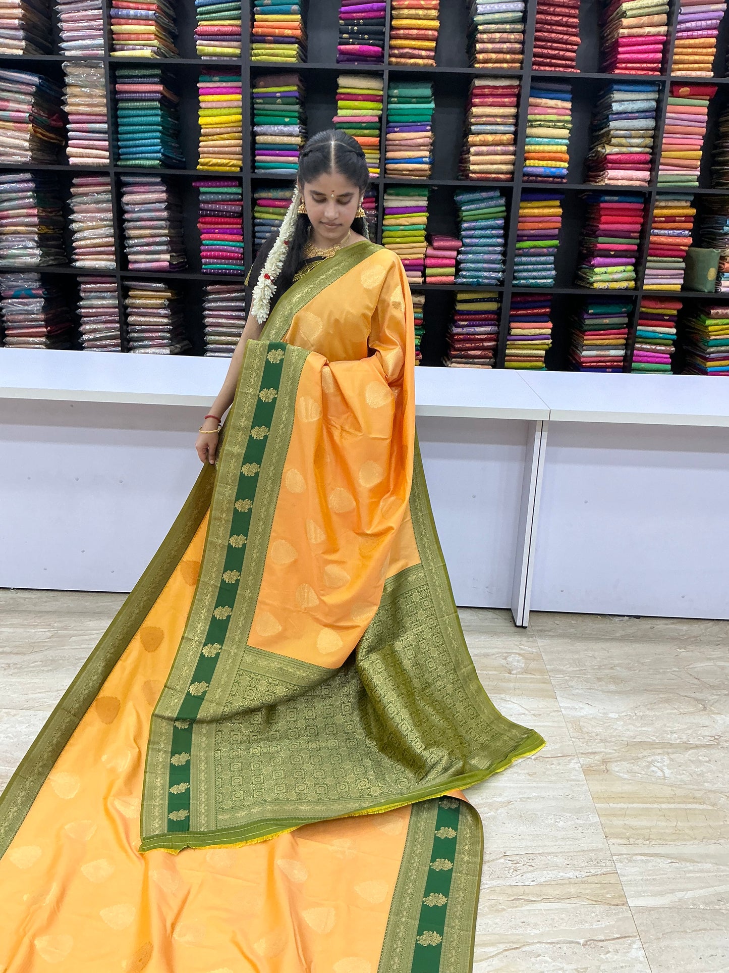 Premium Semi Kanchi Soft Silk Saree – Honey Gold with Olive Green Border | Sri Nandhini Tex | SNTKS17