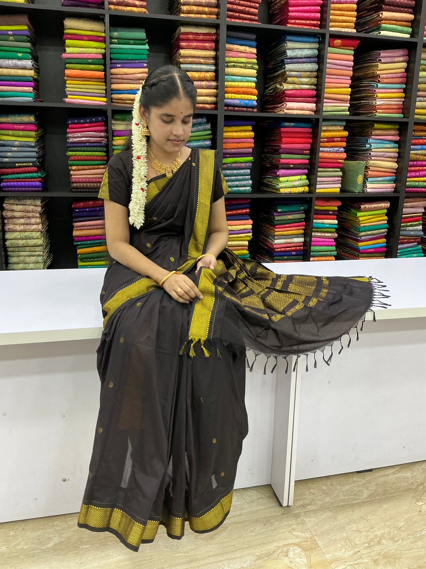 Premium Kalyani Cotton Saree – Coffee Brown with Antique Gold Zari Border | Festive Cotton Saree | Sri Nandhini Tex | KCS001