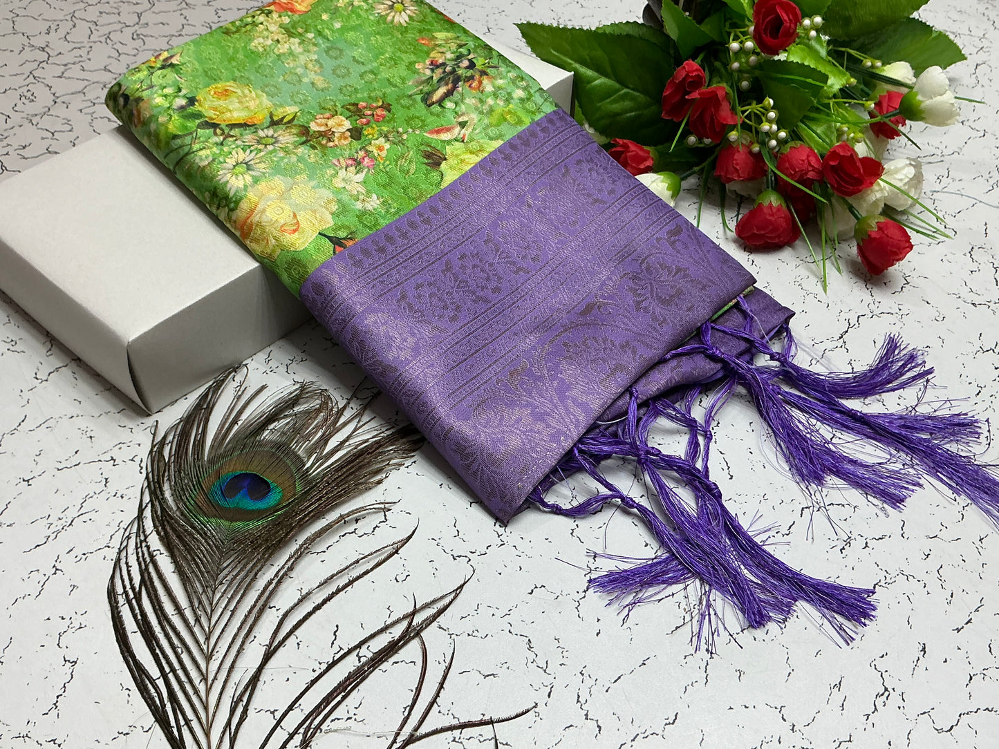 Digital Softy Saree – Leafy Green Body with Lavender Zari Border & Yellow Rose Print