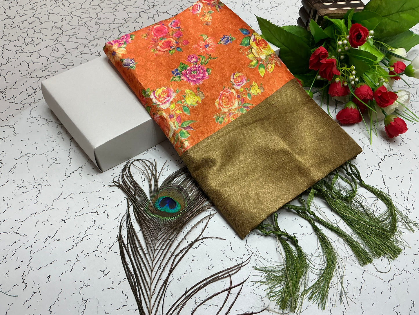 Digital Softy Saree – Orange Floral Body with Mustard Zari Border