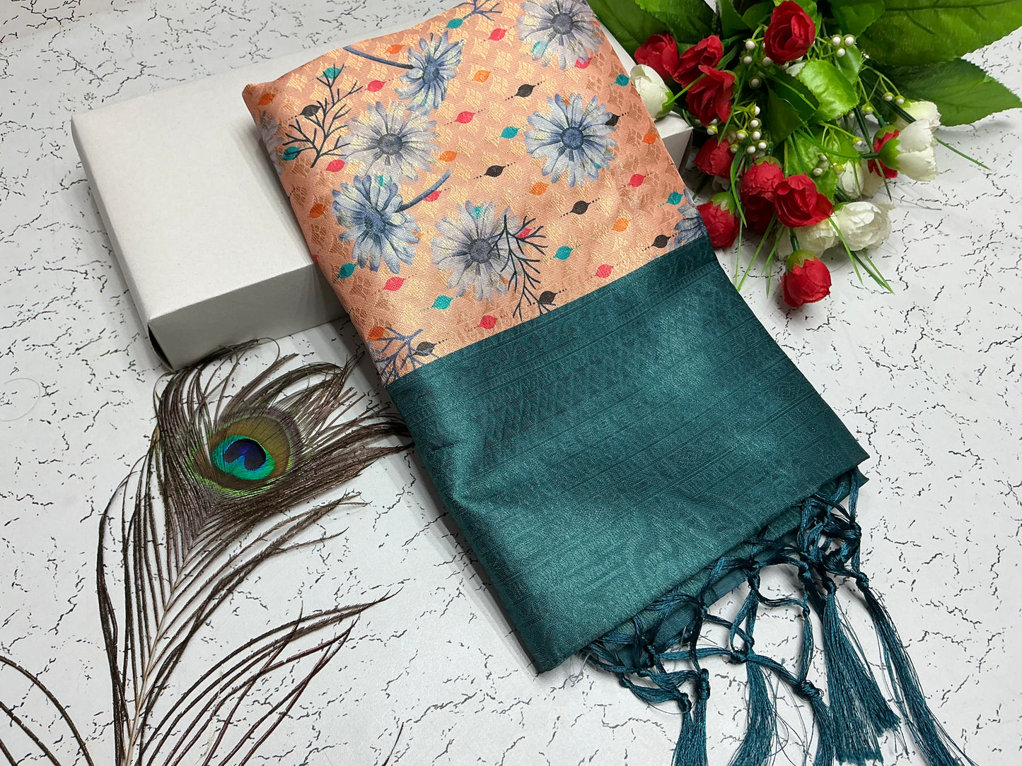 Digital Softy Saree – Peach Blossom with Blue Floral & Teal Green Border