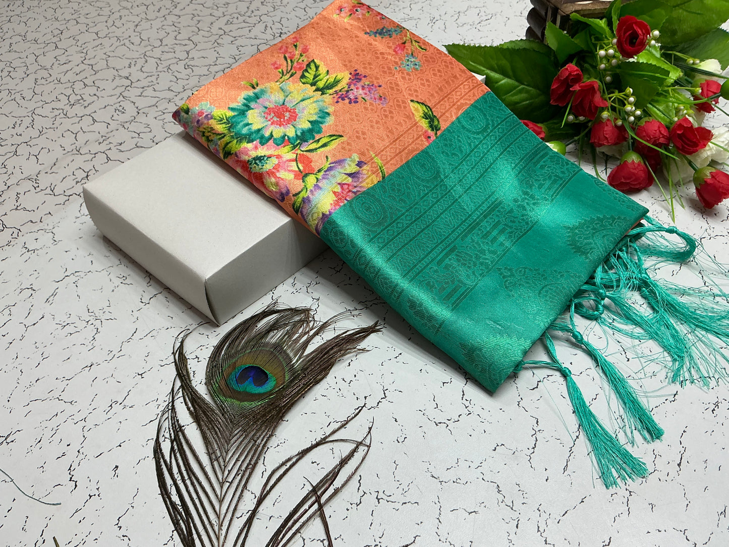 Digital Softy Saree – Peach Floral Body with Aqua Teal Border