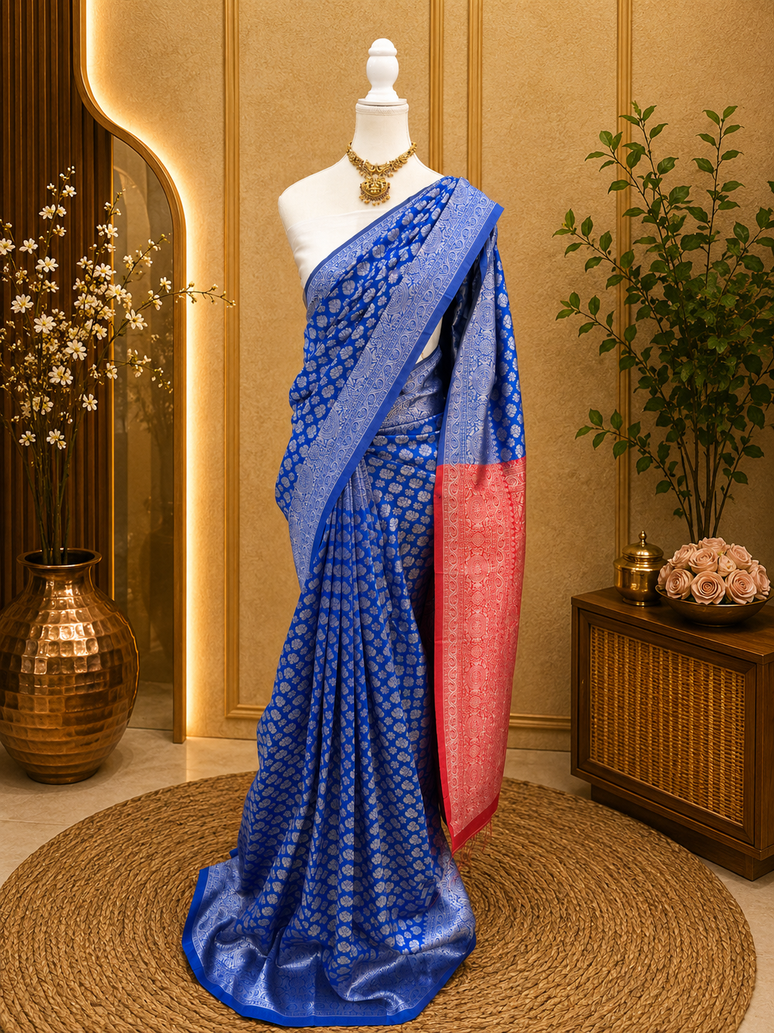 Premium Semi Silk Saree – Royal Blue with red. Silver Zari Weaving | Sri Nandhini Tex | SNTSS02