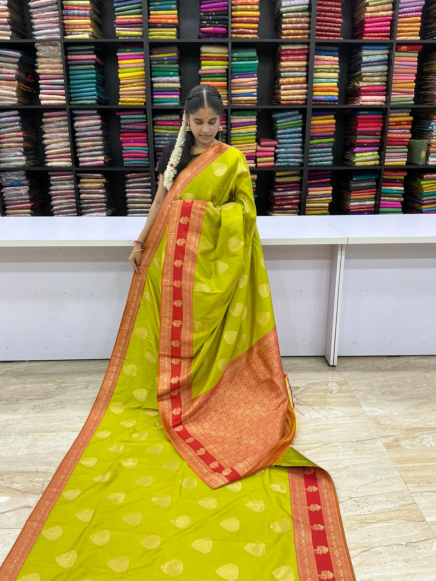 Premium Semi Kanchi Soft Silk Saree – Lime Green with Coral Red Contrast Border | Festive Silk Saree | Sri Nandhini Tex | SNTKS12
