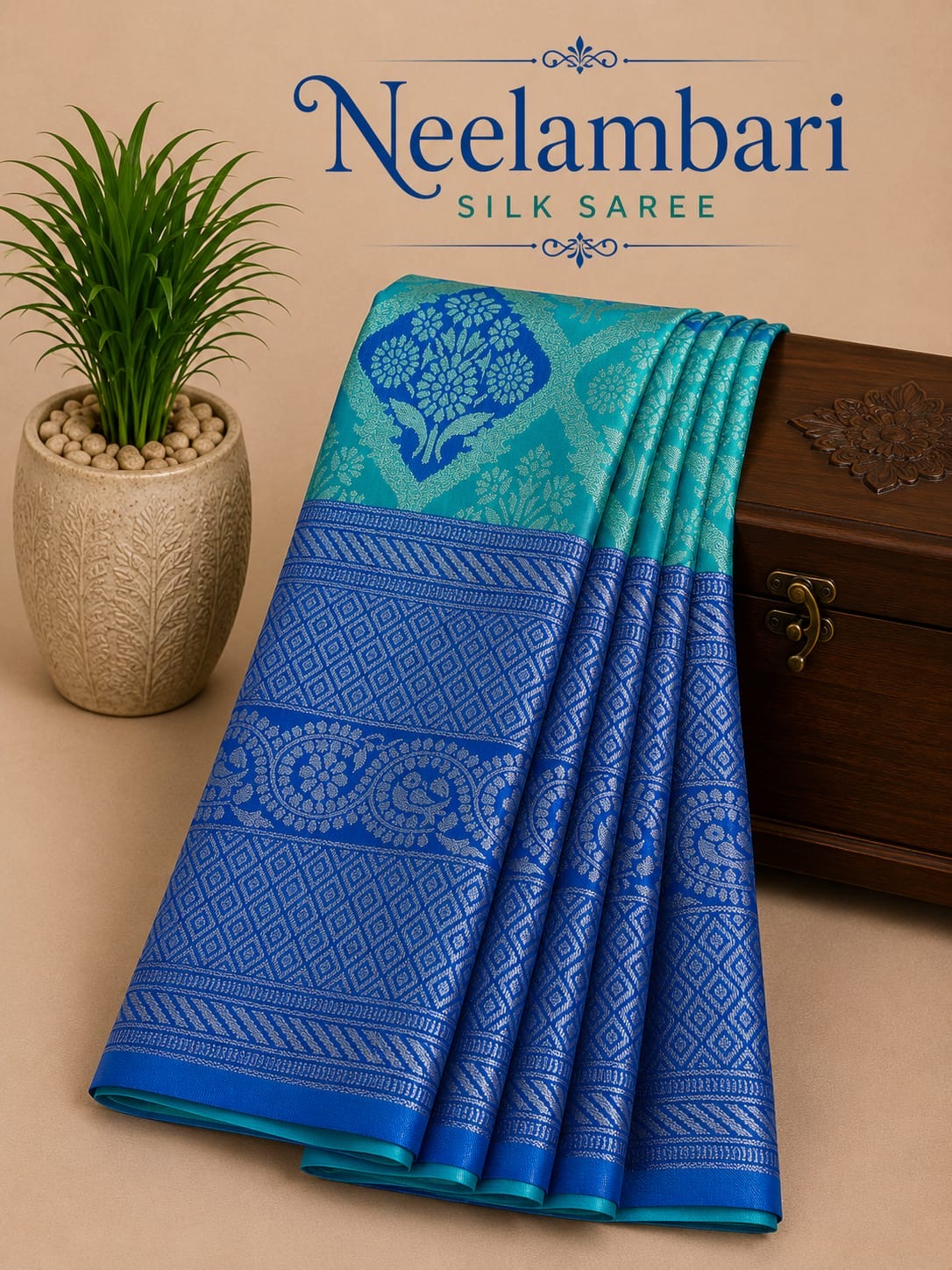 Premium Neelambari Silk Saree – Turquoise Blue with Royal Blue Contrast Border | Sri Nandhini Tex | SNTNS002