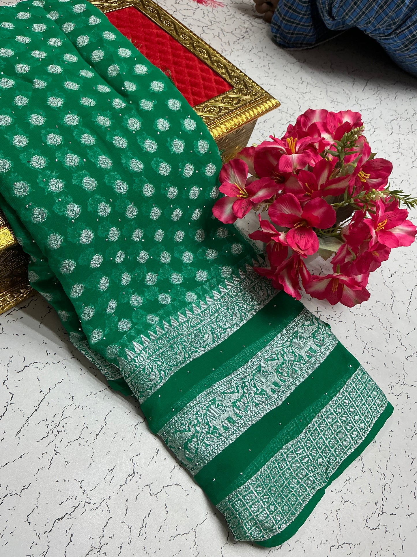 Georgette Fancy Saree β Bottle Green Floral Fusion