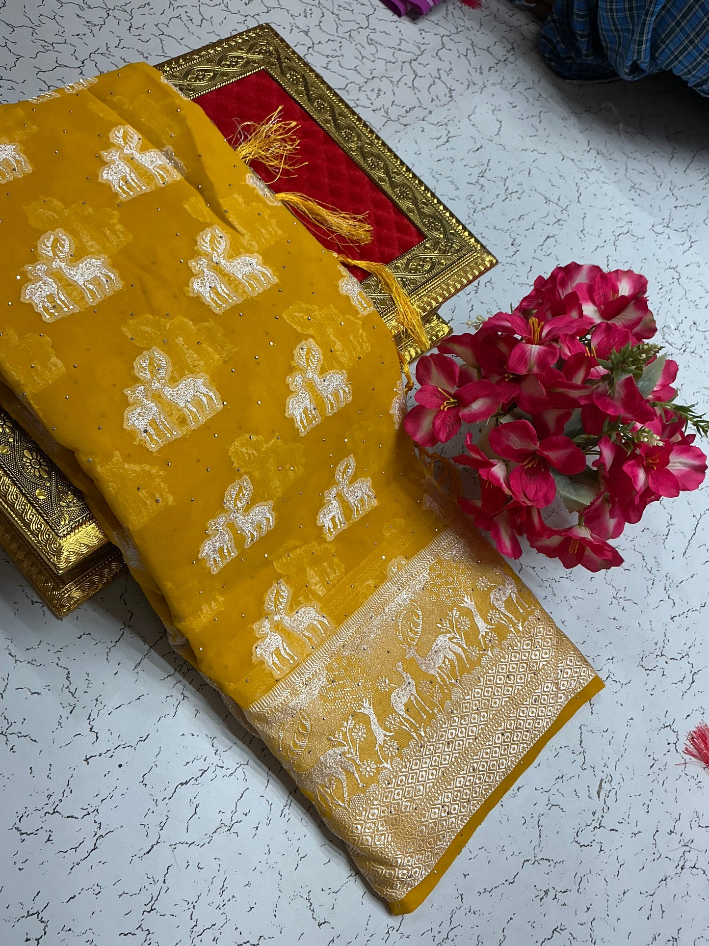 Georgette Fancy Saree β Mustard Yellow Deer Weave