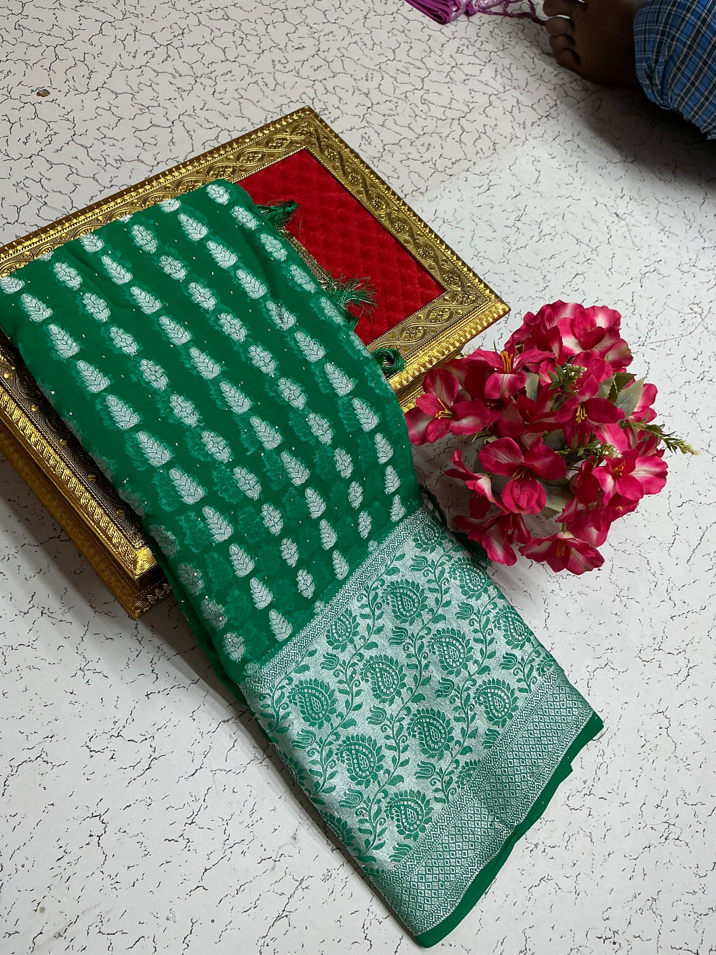 Georgette_Saree_Emerald_Green