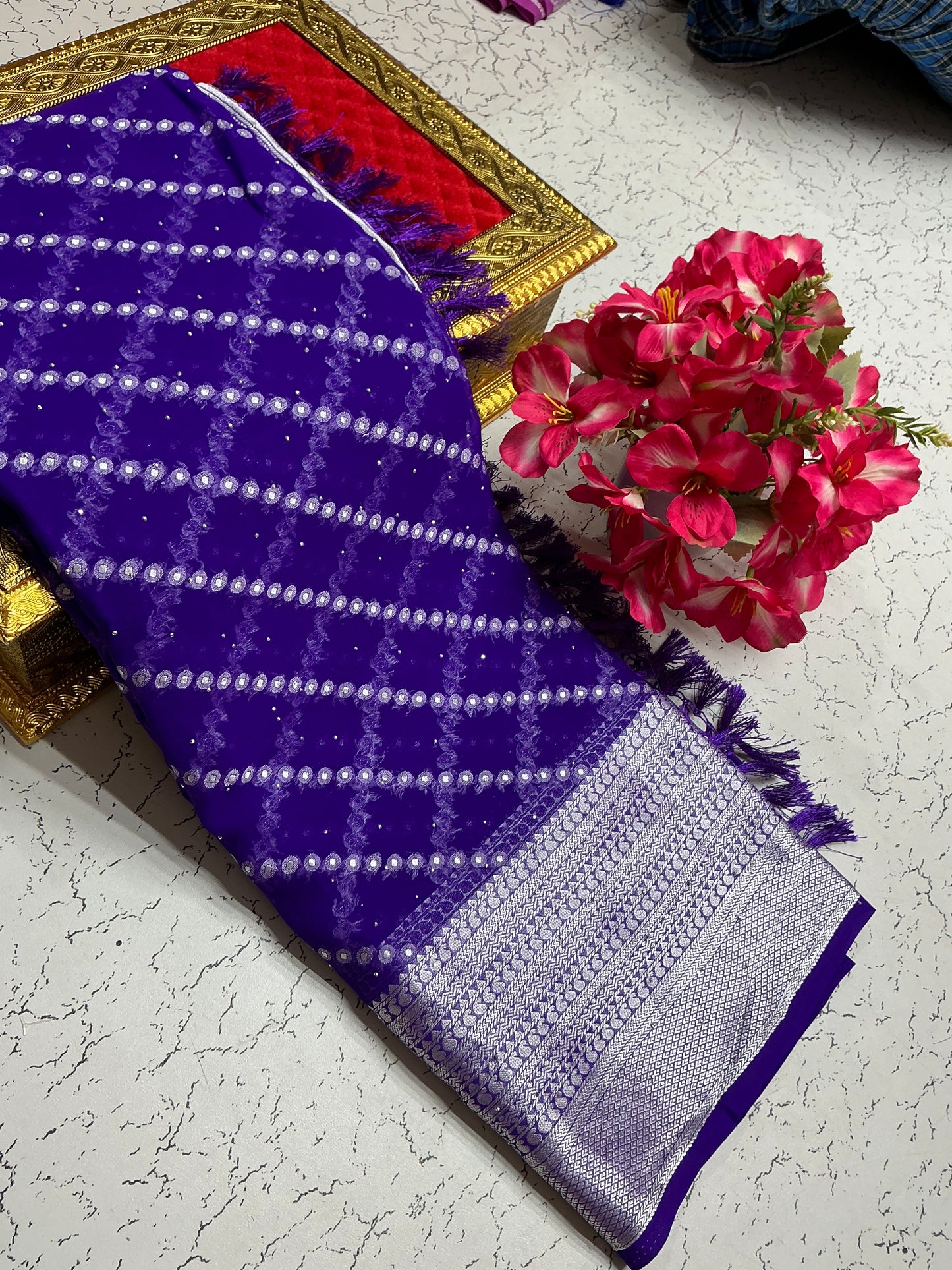 Georgette fancy saree royal violet textured