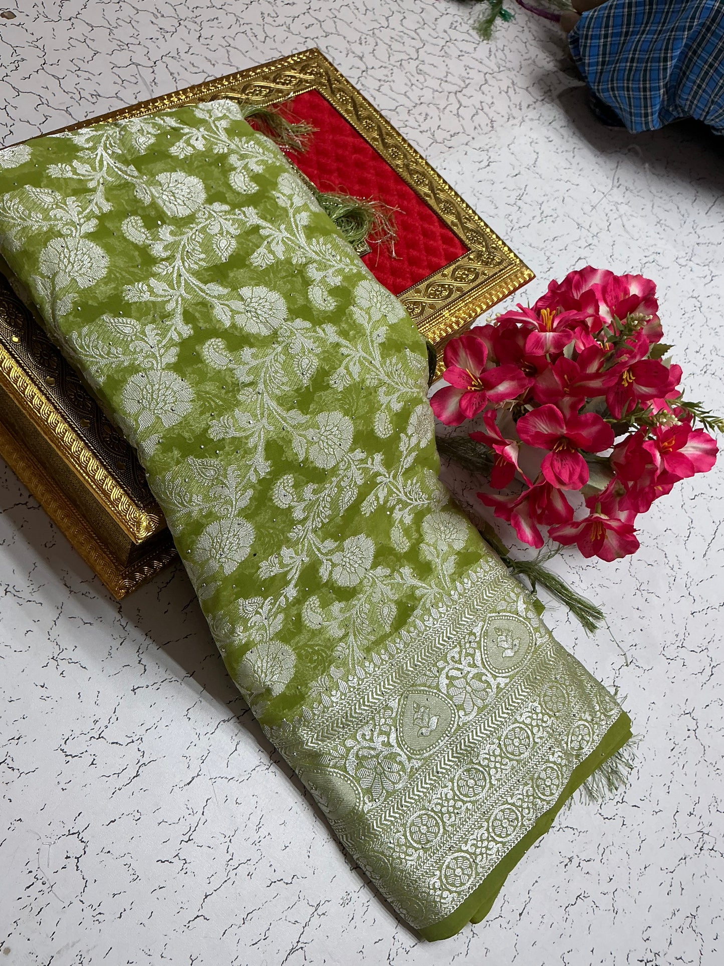 Georgette fancy saree with Pista and silver border