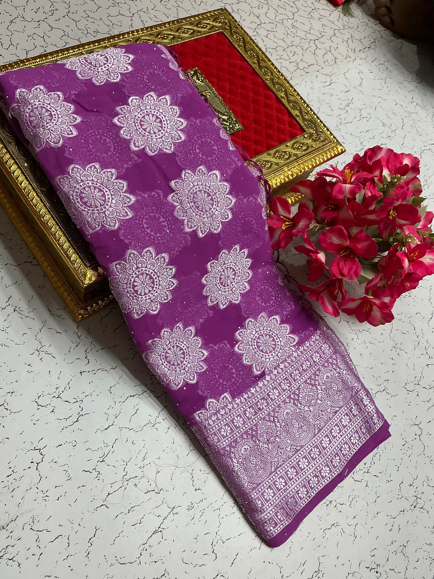 Georgette fancy saree with lavender pink and silver flower design