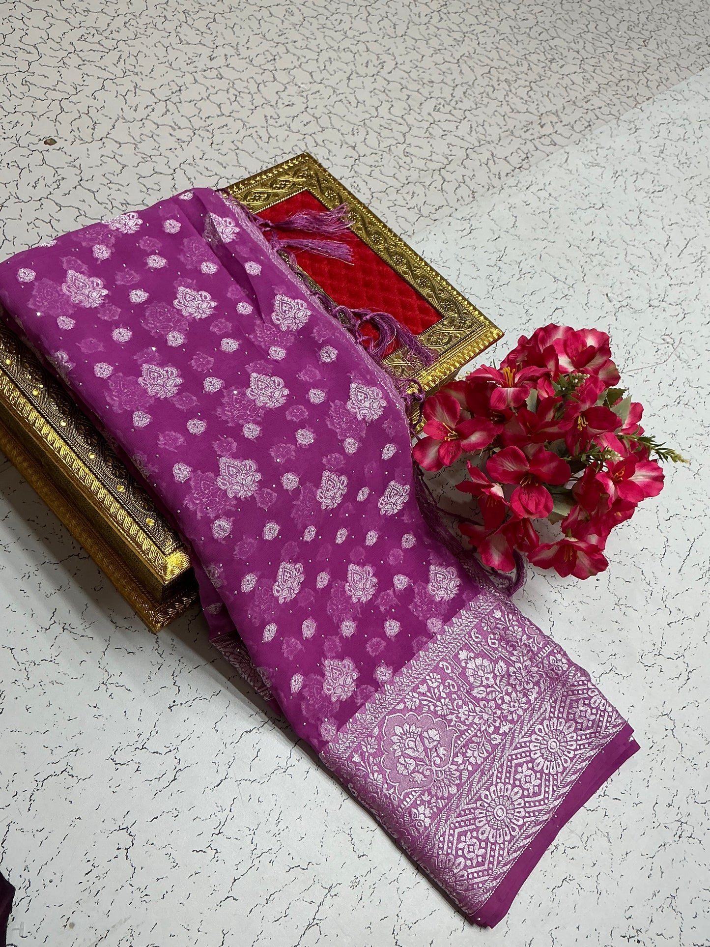 Georgette fancy saree with rani Rose and silver border