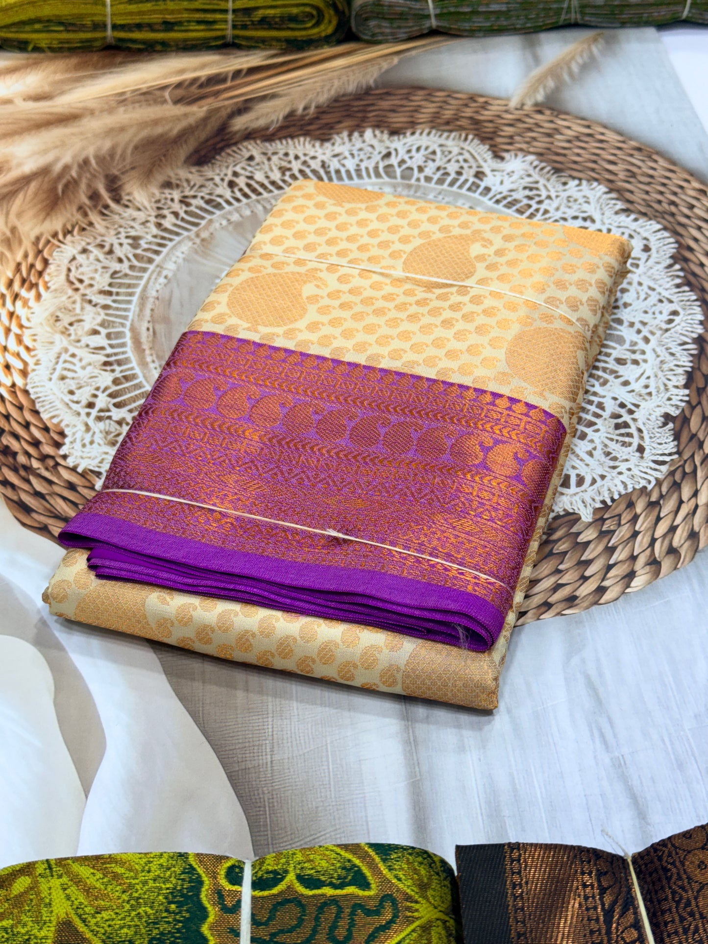 Semi Kanchipuram Vaira Oosi Saree Cream with Purple Border Copper Zari Wedding Saree