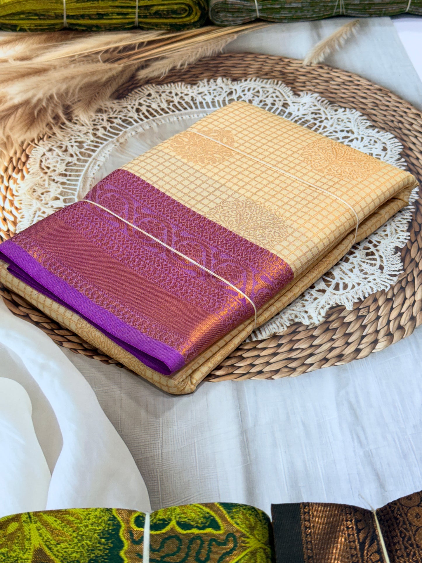 Semi Kanchipuram Vaira Oosi Saree Beige with Purple Border Zari Weaving Bridal Saree