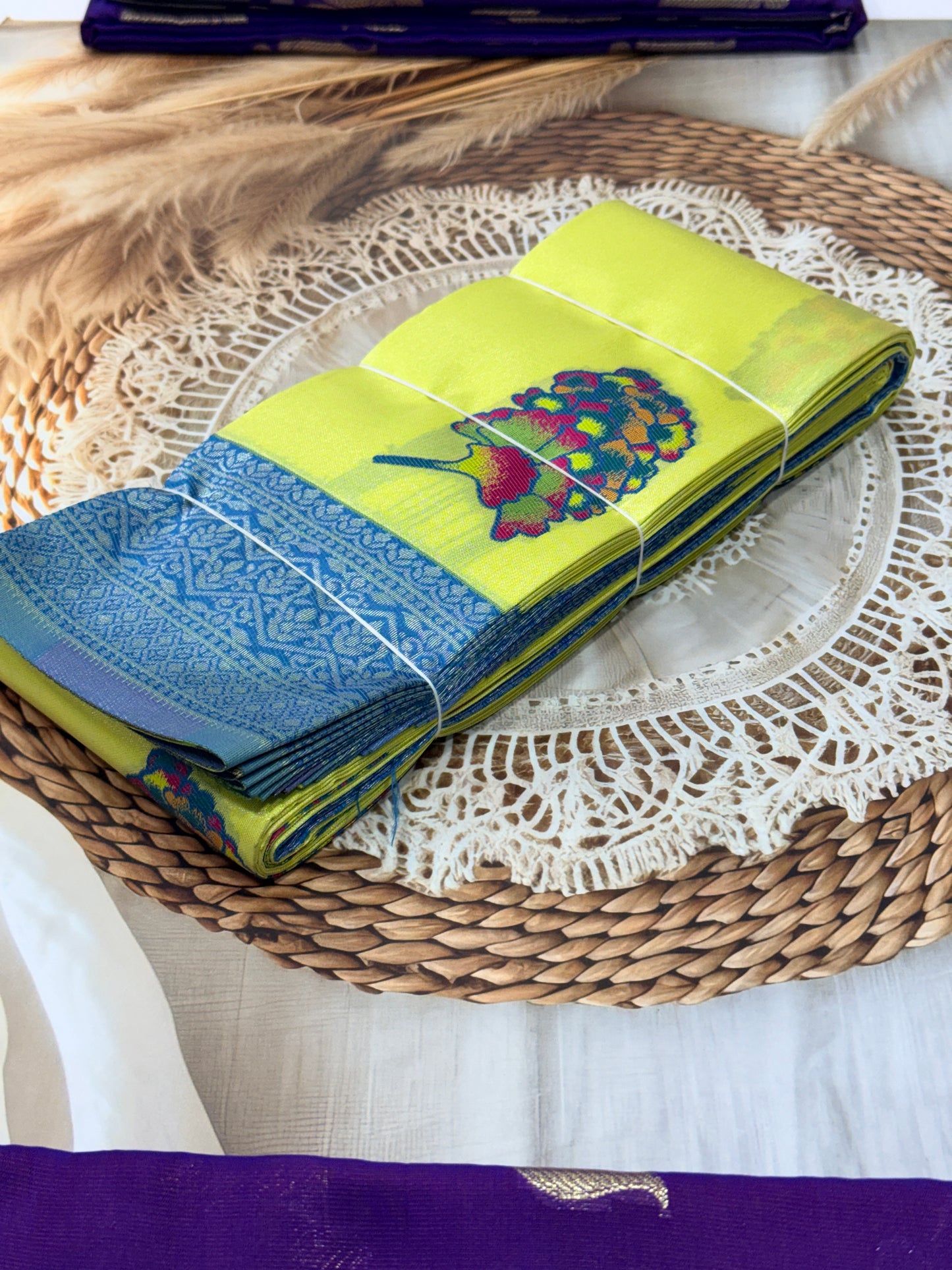 Banaras Tissue Saree with Peacock Design – Lime Yellow & Blue Border