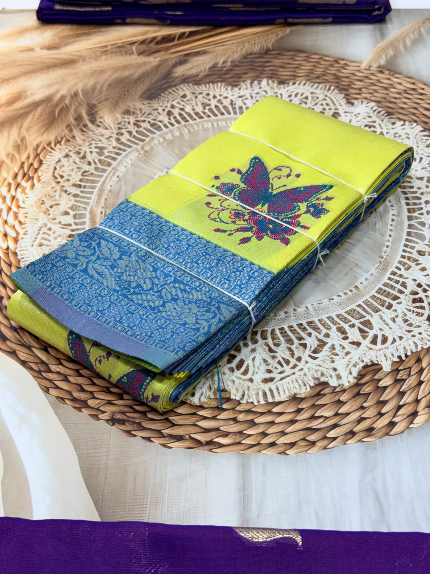 Banaras Tissue Saree with Butterfly Motif – Yellow & Blue Contrast