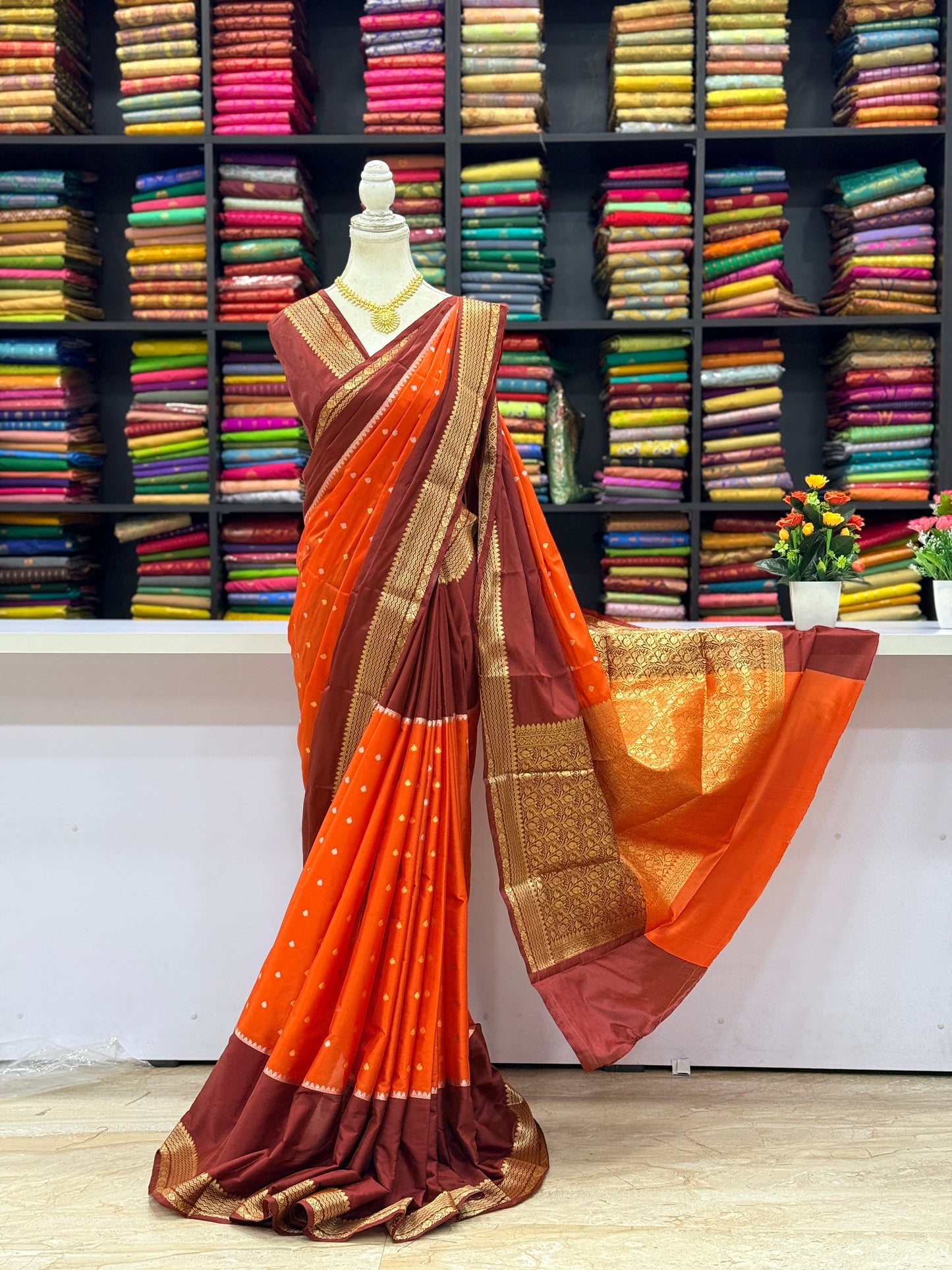 Kanchi Soft Silk Saree Orange with Maroon Border | Traditional Kanchipuram Style Wedding & Festive Wear