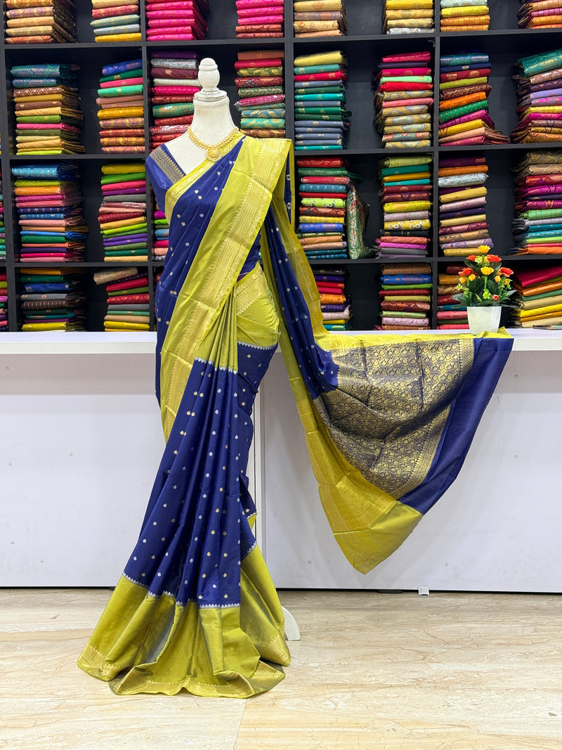 Kanchi Soft Silk Saree Navy Blue with Green Contrast Border | Premium Soft Silk Saree for Party & Function Wear