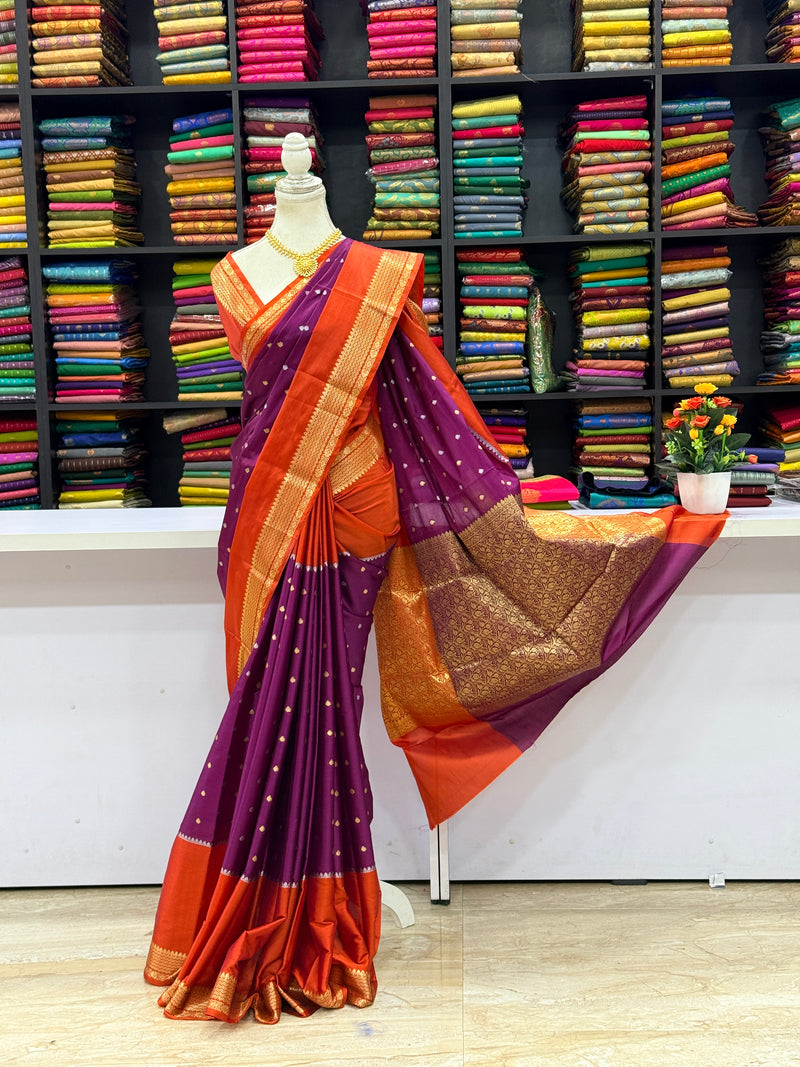 Kanchi Soft Silk Saree Purple with Orange Border | Rich Kanchipuram Style Bridal & Festive Saree