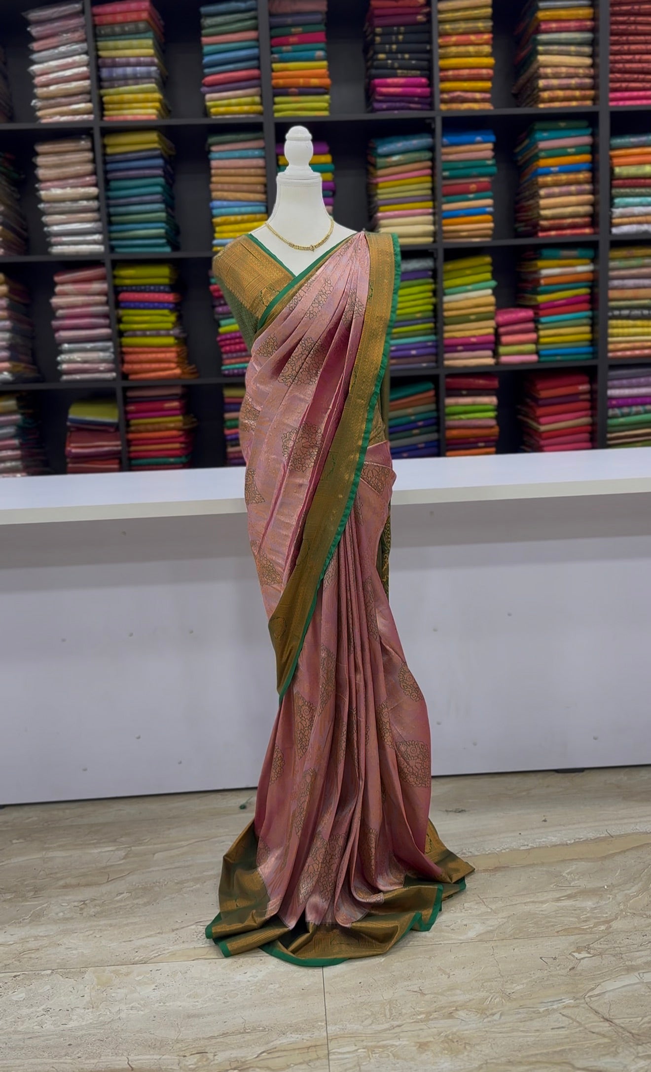 Premium Elampillai Subhalakshana Pattu Saree – Rose Pink with Temple Green Contrast | Wedding Silk Saree | Sri Nandhini Tex | SNTESP001A