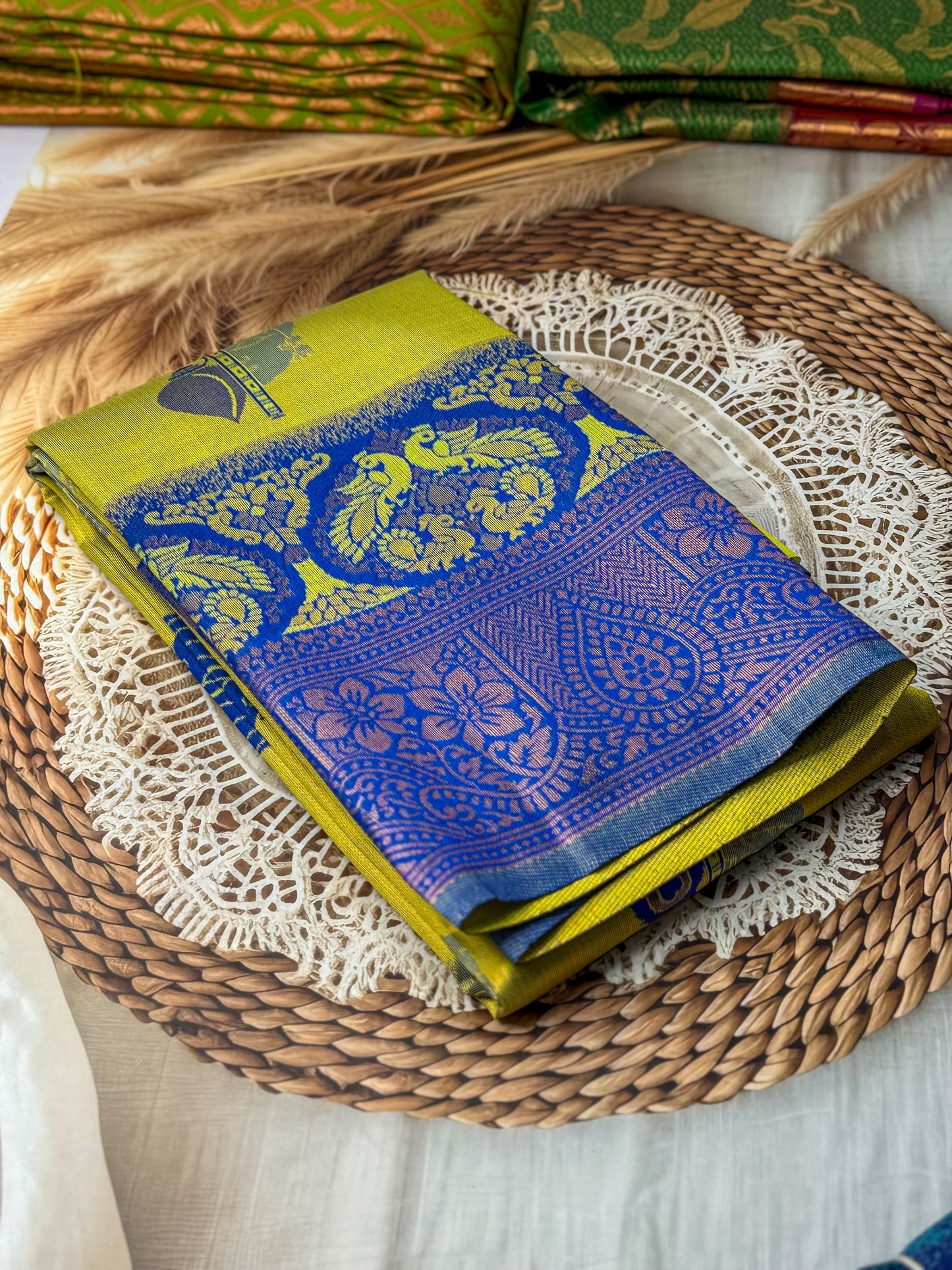 Premium Elampillai Mayuri Silk Saree – Sunflower Yellow with Royal Blue Contrast | Traditional Wedding Silk Saree | Sri Nandhini Tex | SNTMS007
