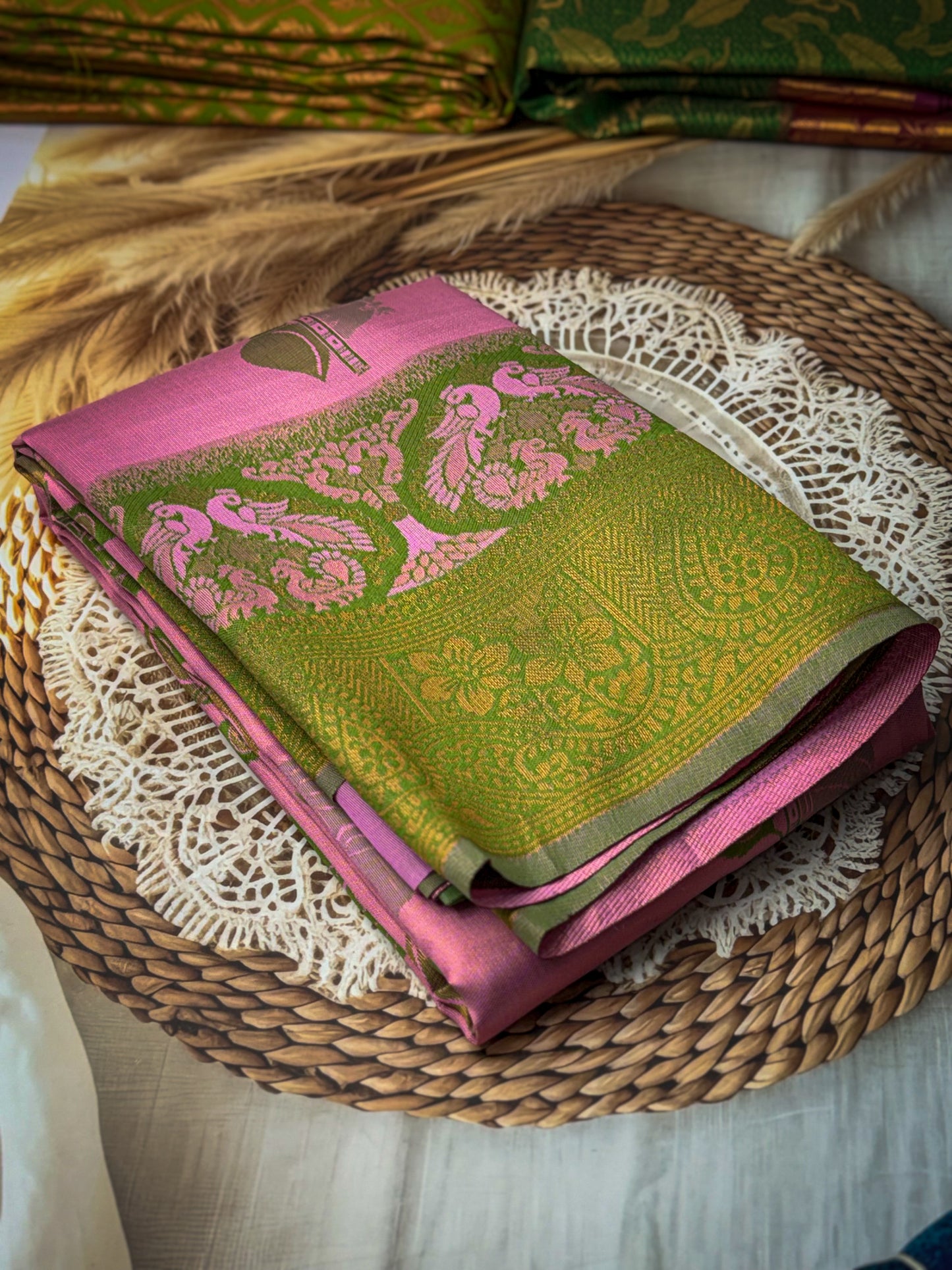 Premium Elampillai Mayuri Silk Saree – Lotus Pink with Olive Green Contrast | Traditional Wedding Silk Saree | Sri Nandhini Tex | SNTMS006