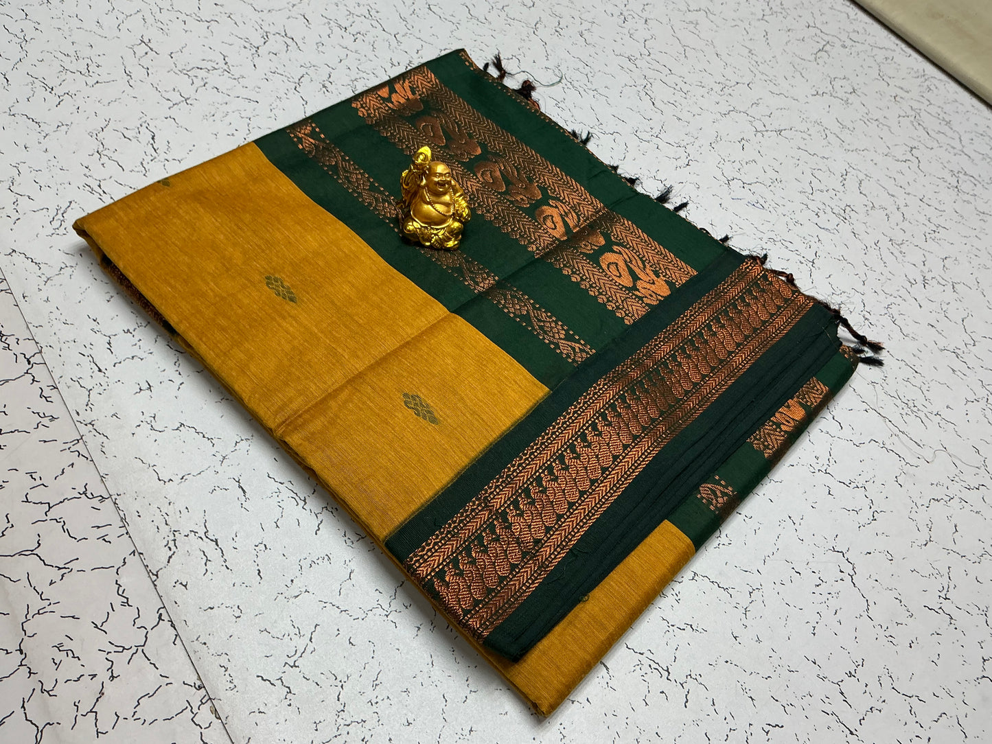 Kalyani Cotton β Mustard Yellow with Dark Green Copper Border