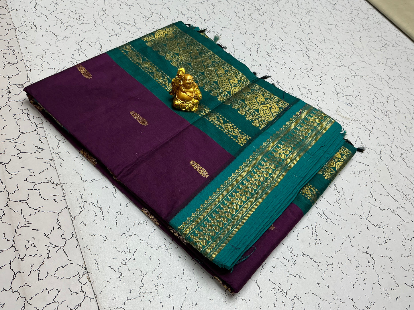Kalyani Cotton β Plum Violet with Teal Contrast Border