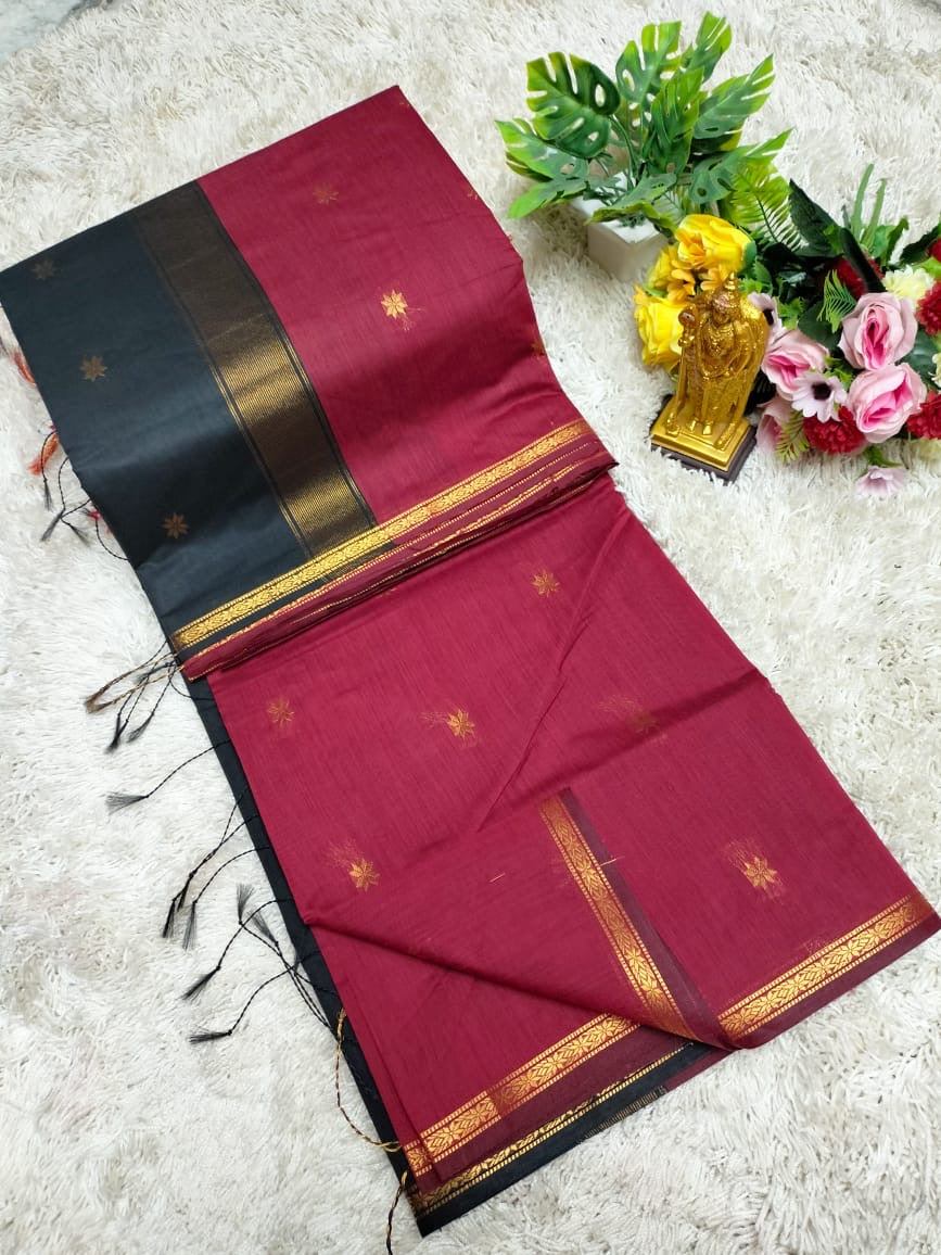 MAHESWARI COTTON - Maroon with Black Border