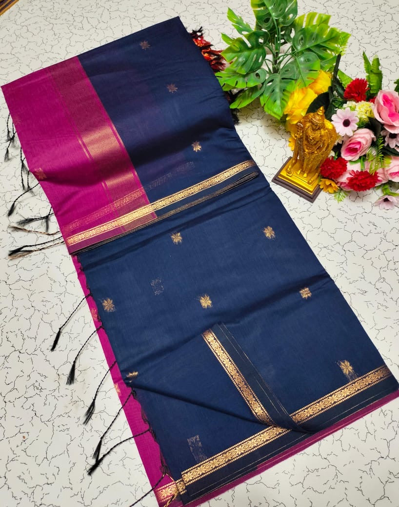 MAHESWARI COTTON - Navy Blue with Pink Border