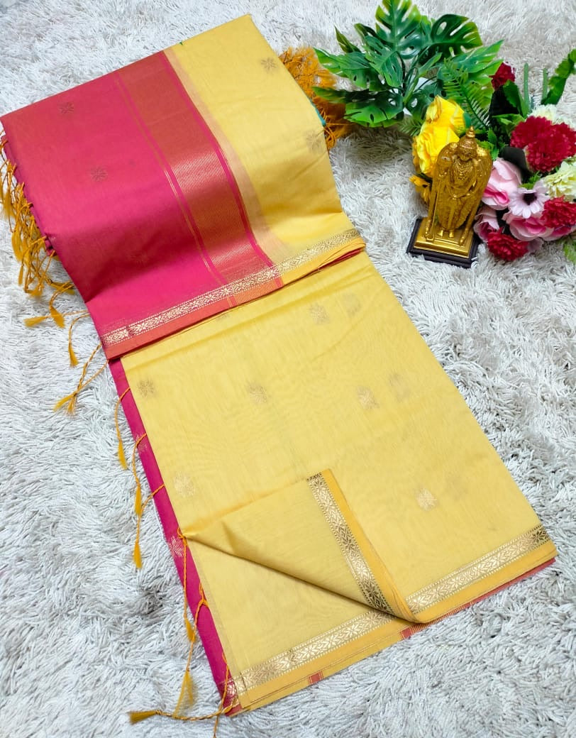 MAHESWARI COTTON - Pastel Yellow with Pink Border