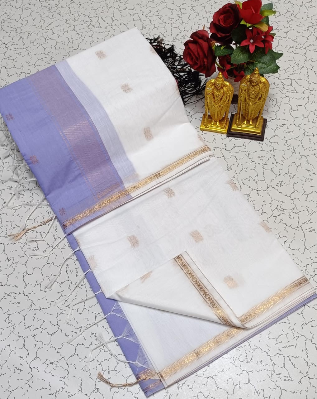 MAHESWARI COTTON - White with Lavender Border