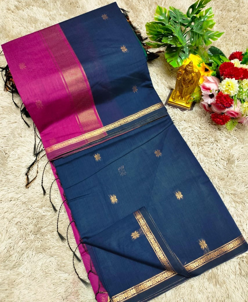 Maheswari Cotton β Midnight Blue & Magenta Border