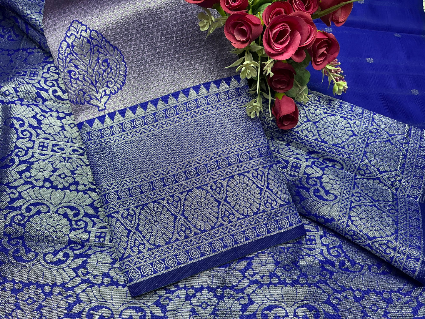 Royal Blue and Lavender Silver Bridal Saree with Paisley Weave