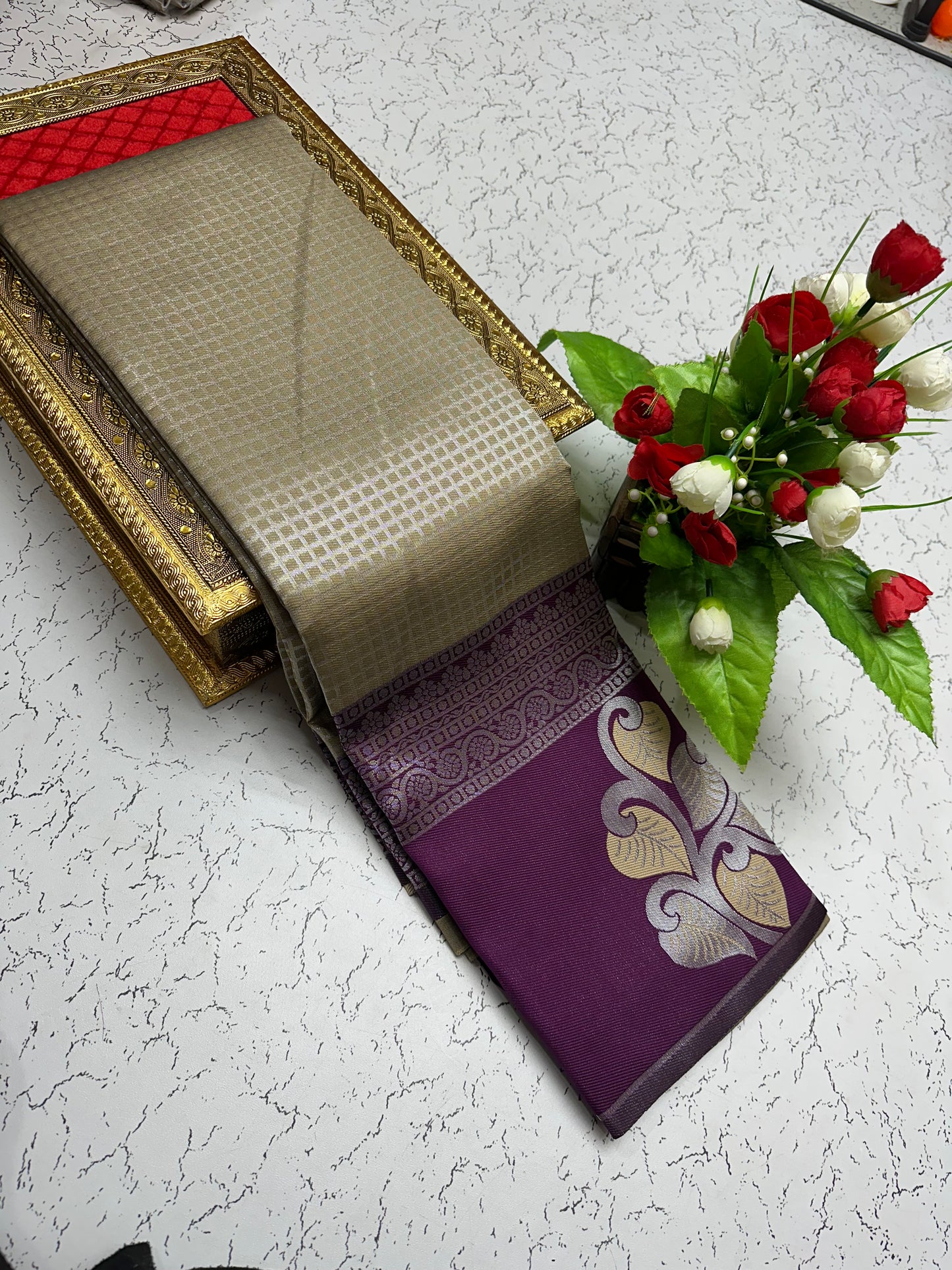 Silk Saree β Beige with Purple Leaf Pallu
