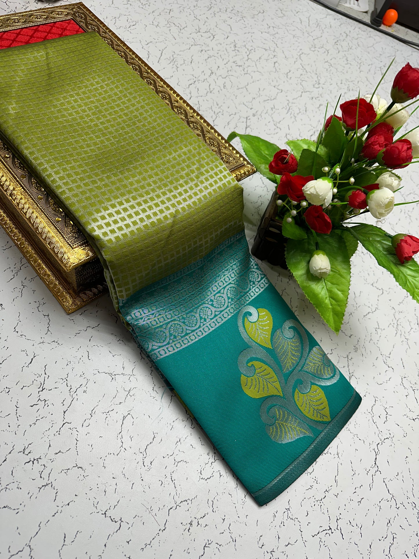 Silk Saree β Light Green with Leaf Yellow Pallu