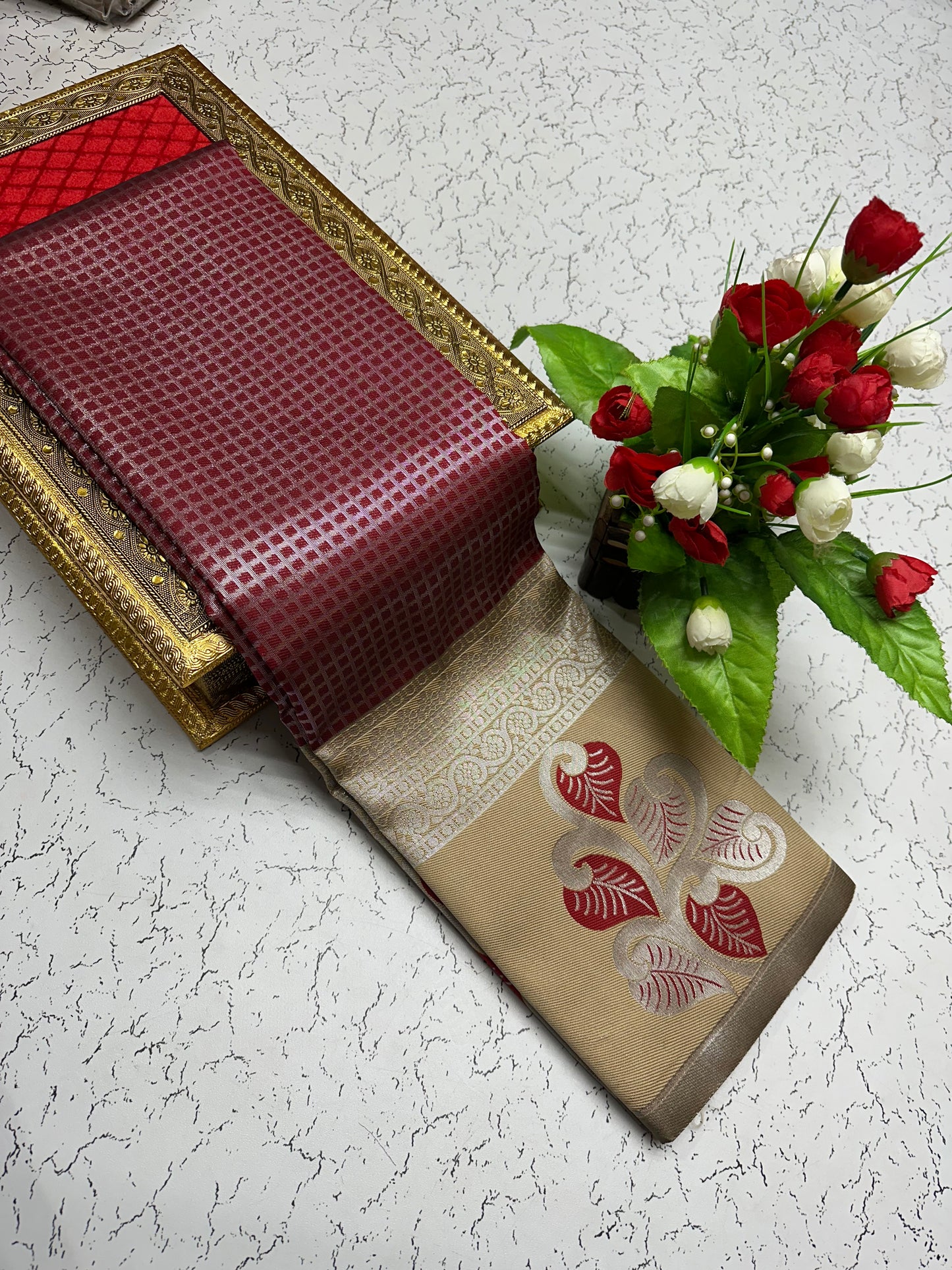 Silk Saree β Maroon with Beige Red Leaf Pallu