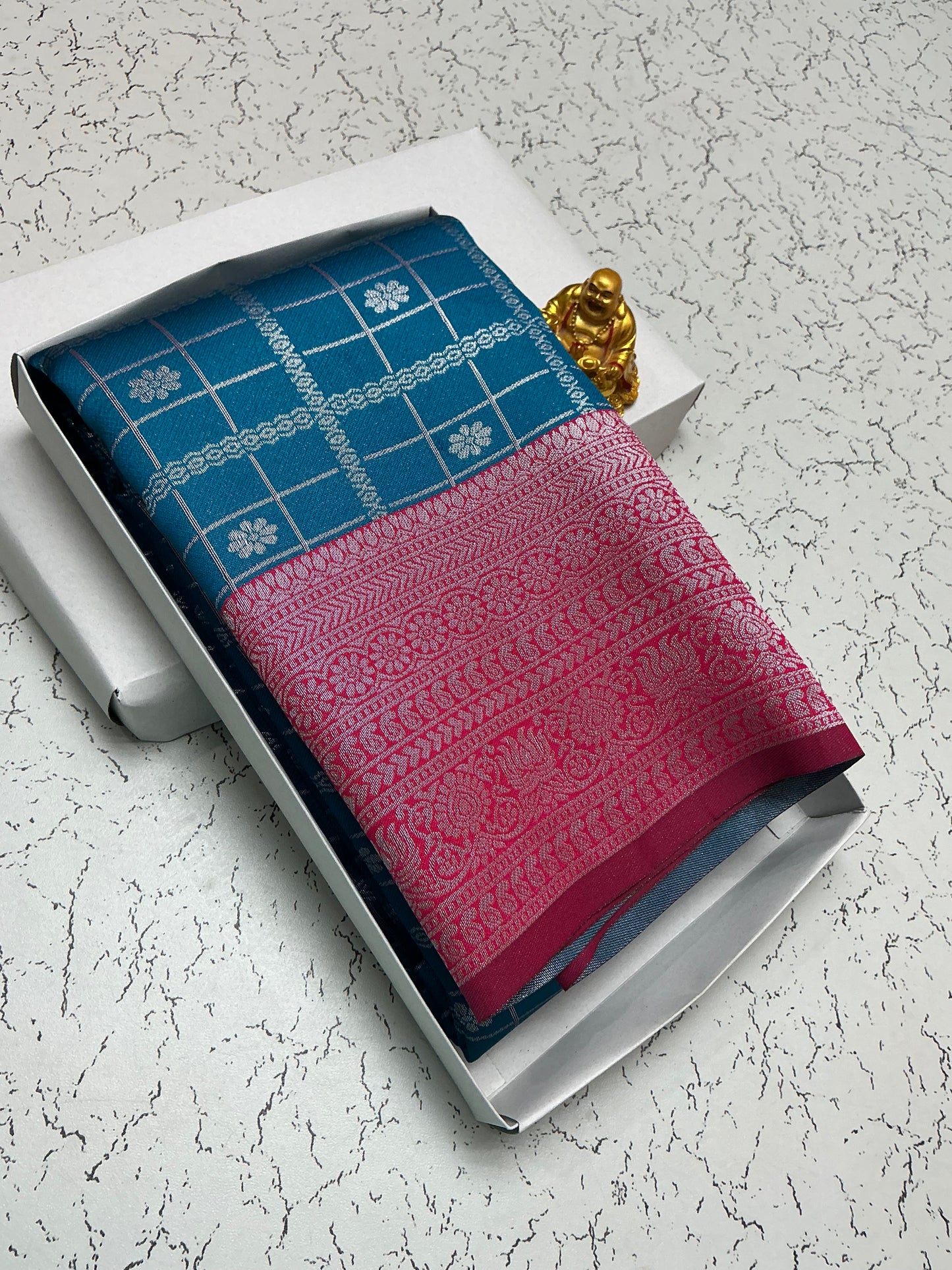 Silver Bridal Sarees with Checked Teal Blue Saree with Pink Broad Border