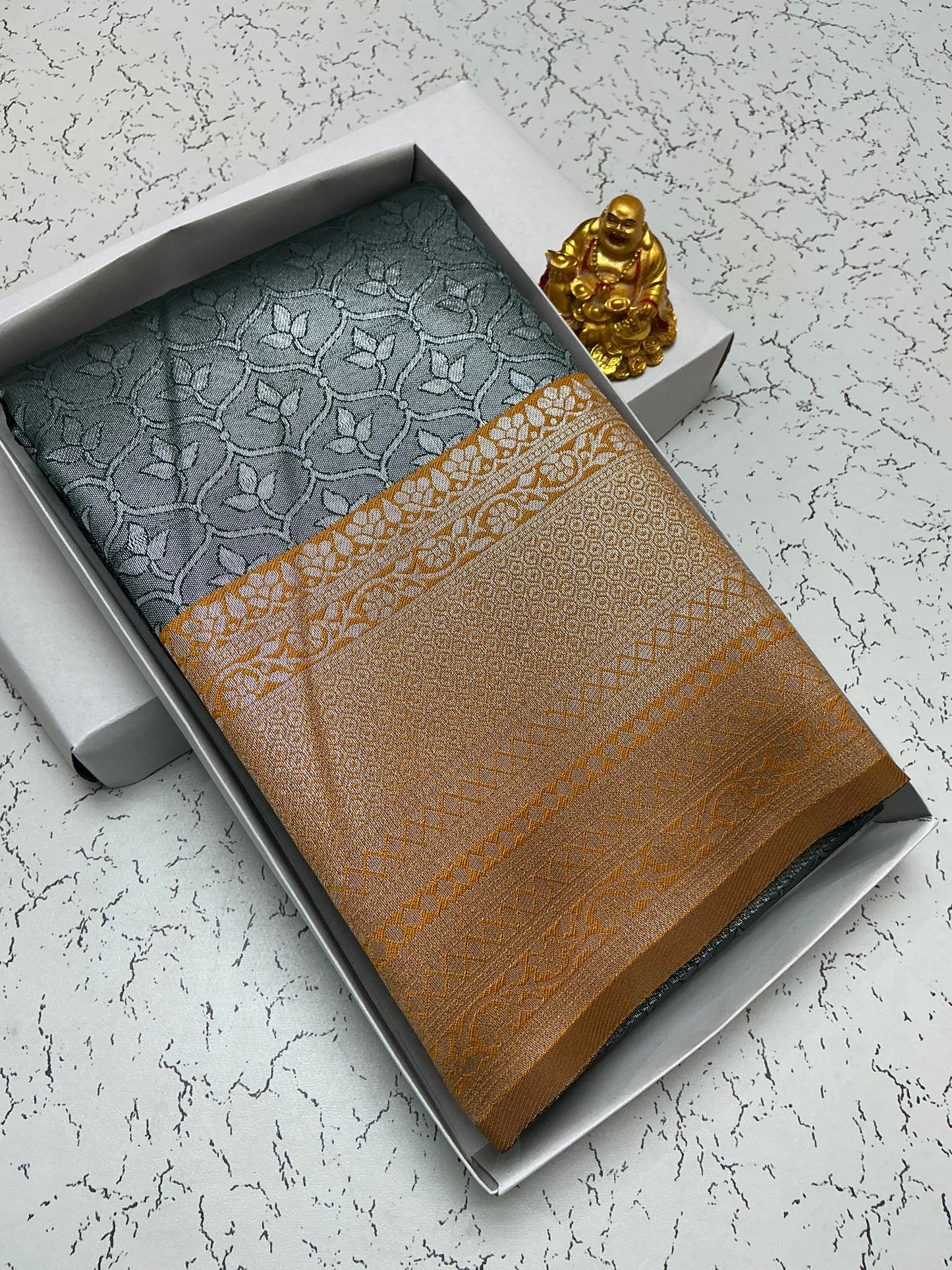 Silver Bridal Saree with Grey Body and Golden Mustard Border