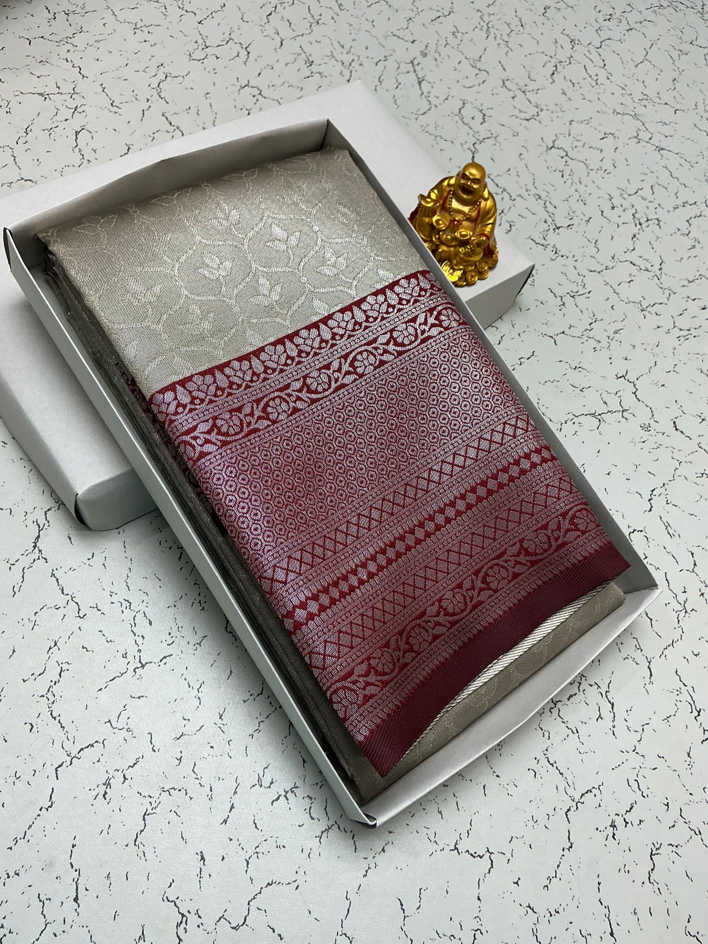 Silver Bridal Saree with Maroon Floral Border