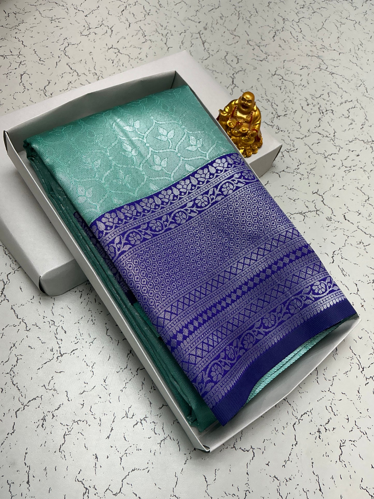 Silver Bridal Saree with Peacock Green Body and Purple Floral Border