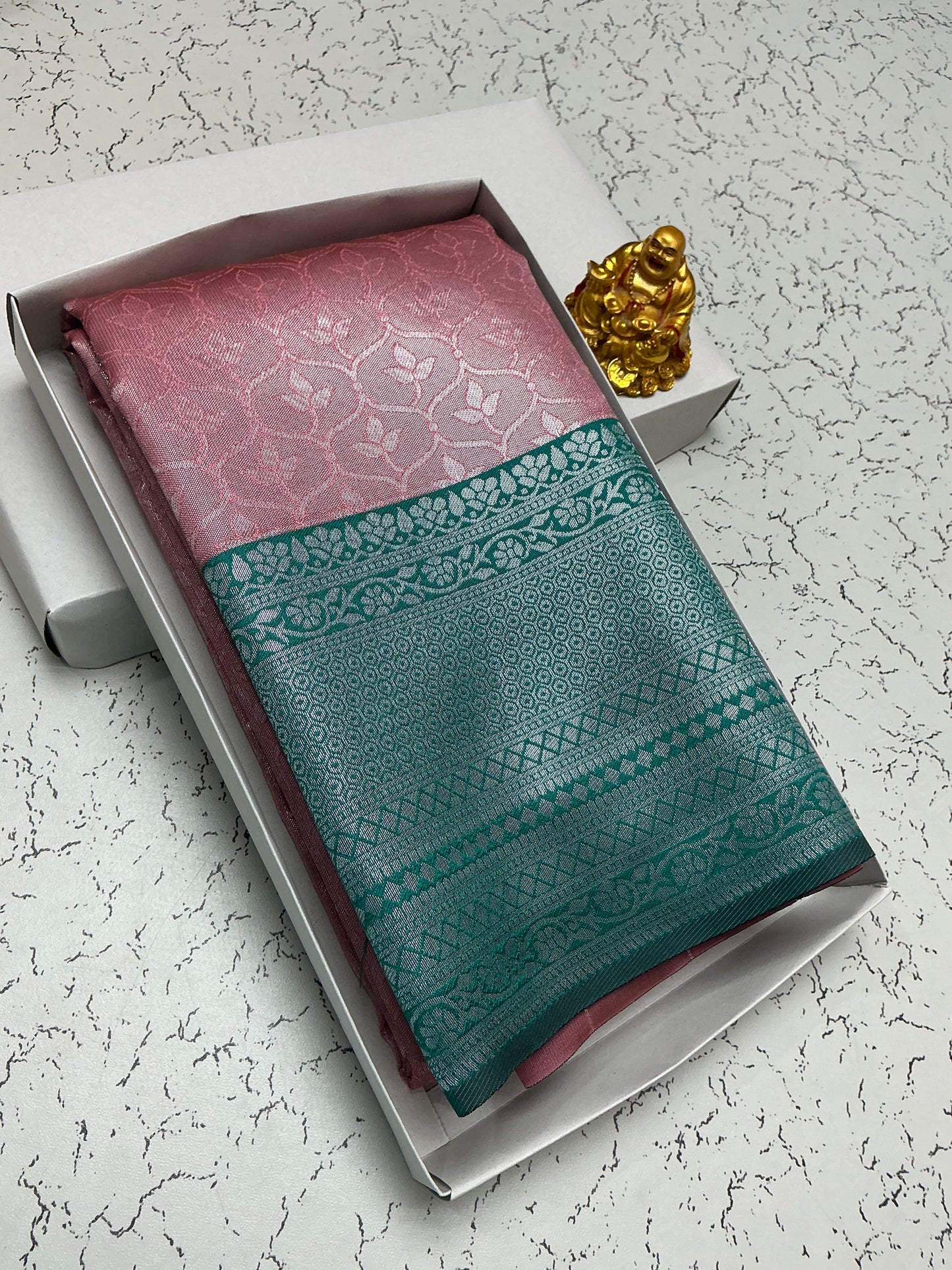 Silver Bridal Saree with Pink Floral Body and Teal Border