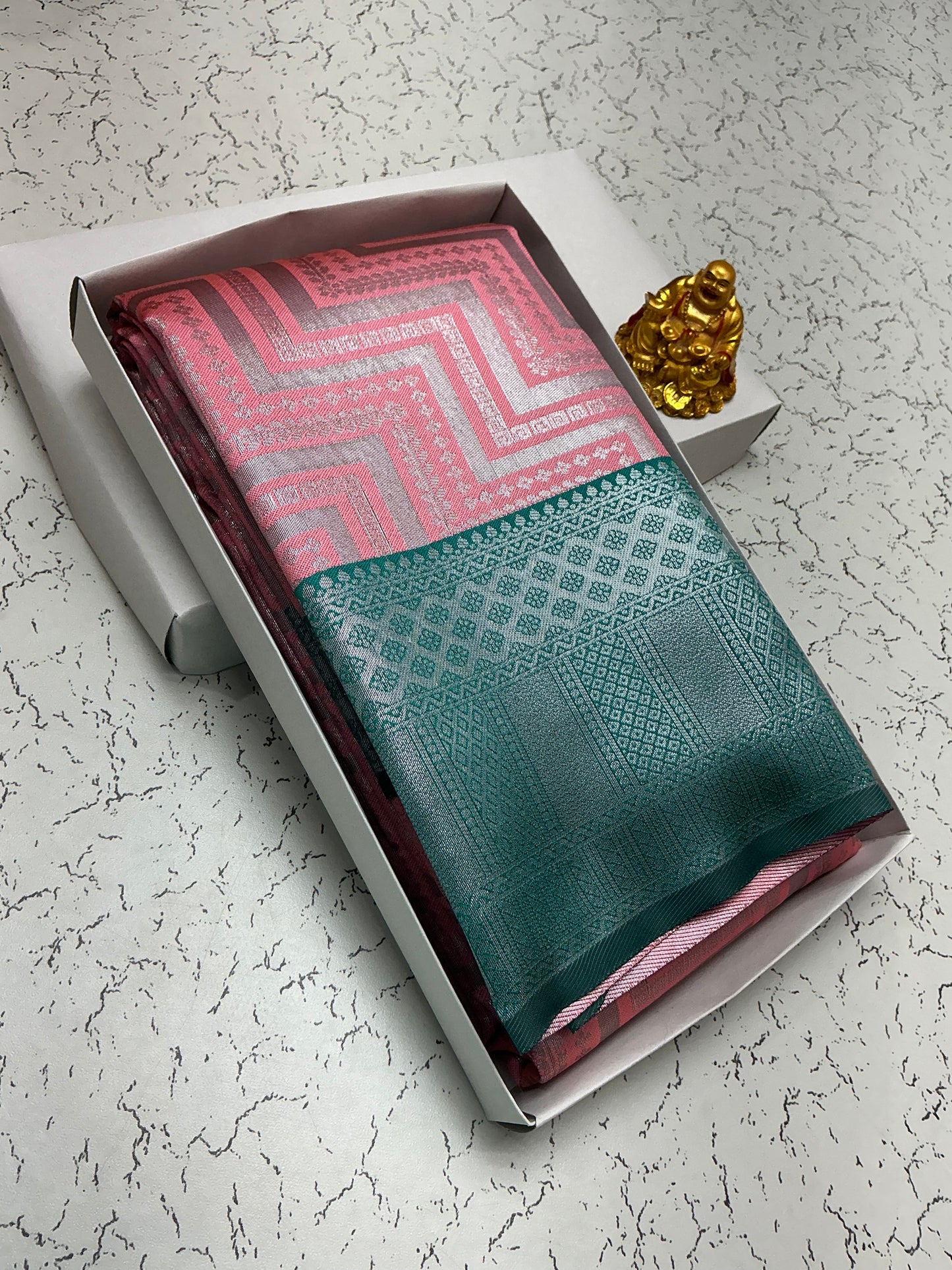 Silver Bridal Saree with Pink Zigzag and Teal Border